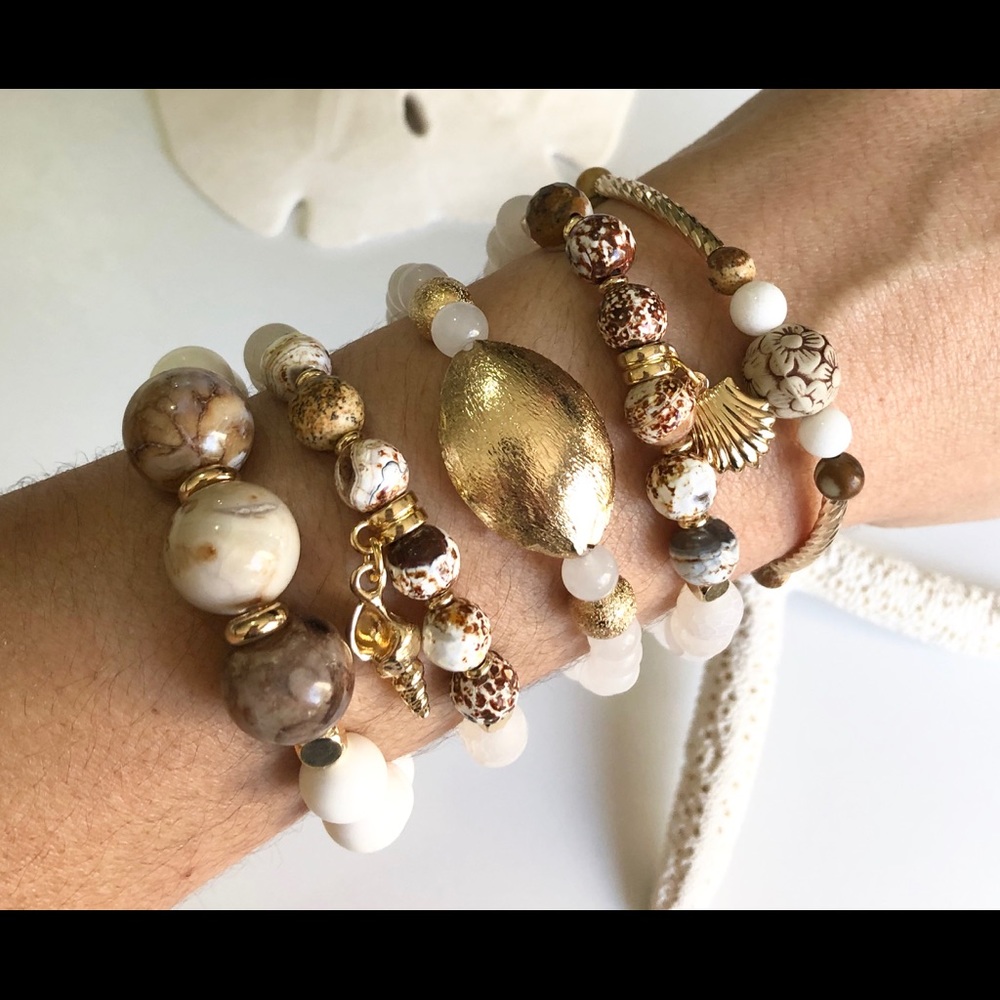 Semiprecious Beige Five Stack Bracelet Gold Plated
